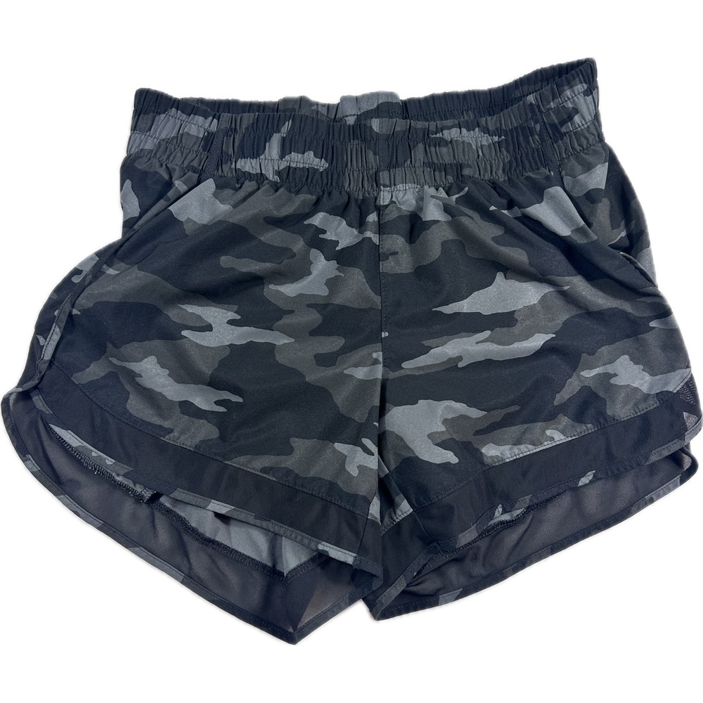 Athleta Printed Mesh Racer Run Short 4 Camo Gray Black Athletic Shorts Womens S